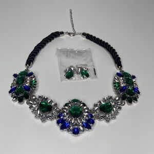 Avon Silver Necklace & Earrings with Green and Blue Accents